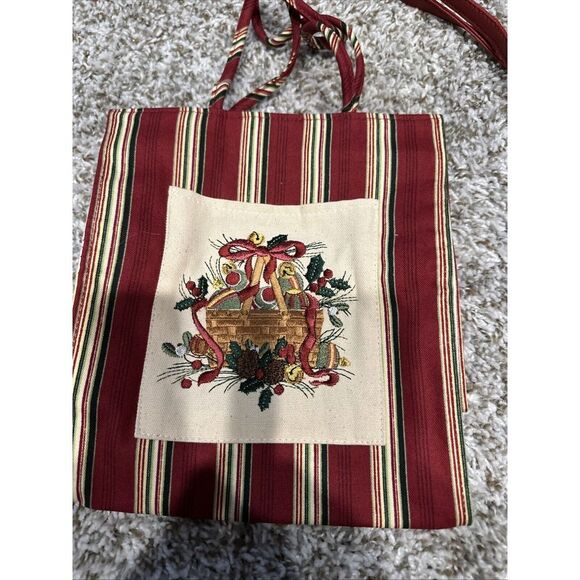 Longaberger Small Totes 2005 Holiday Stripe  Embroidered Basket Gift Bag. New - Picture 3 of 6